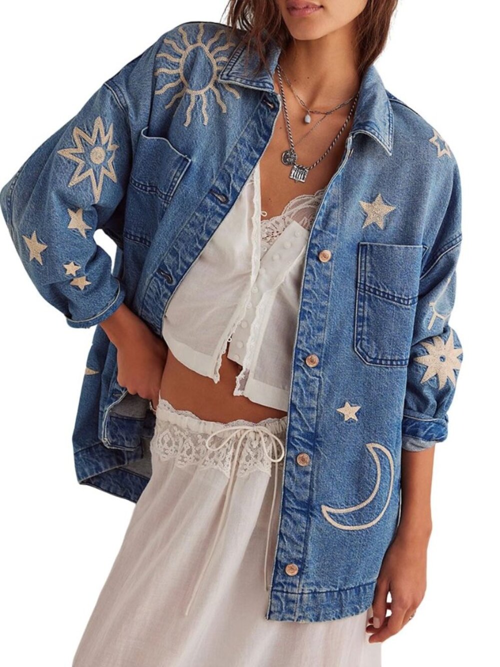 Women Retro Boyfriend Embroidered Denim Jacket Button Up Lapel Jean Jacket Shirt